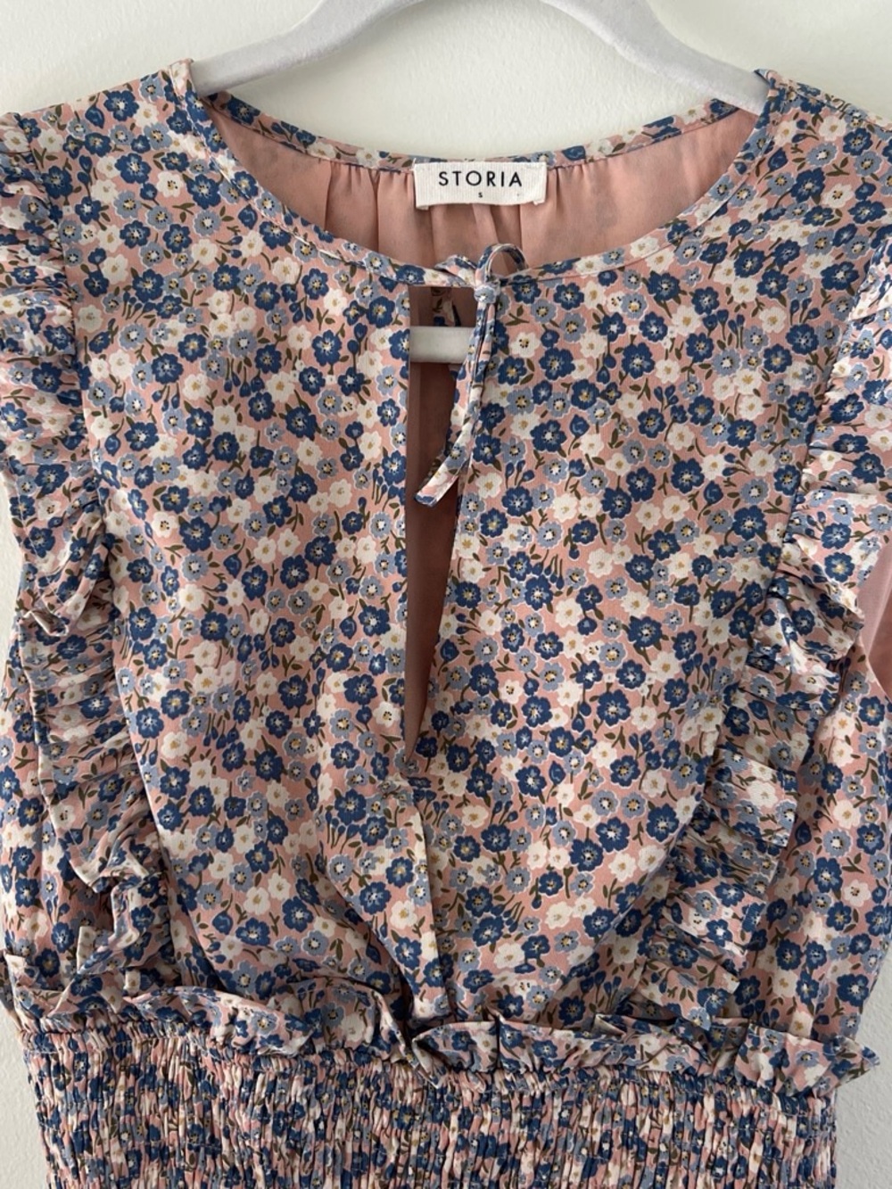 Storia Pink & Blue Floral Ruffle Smocked Waist Mini Dress - Picture 3 of 4